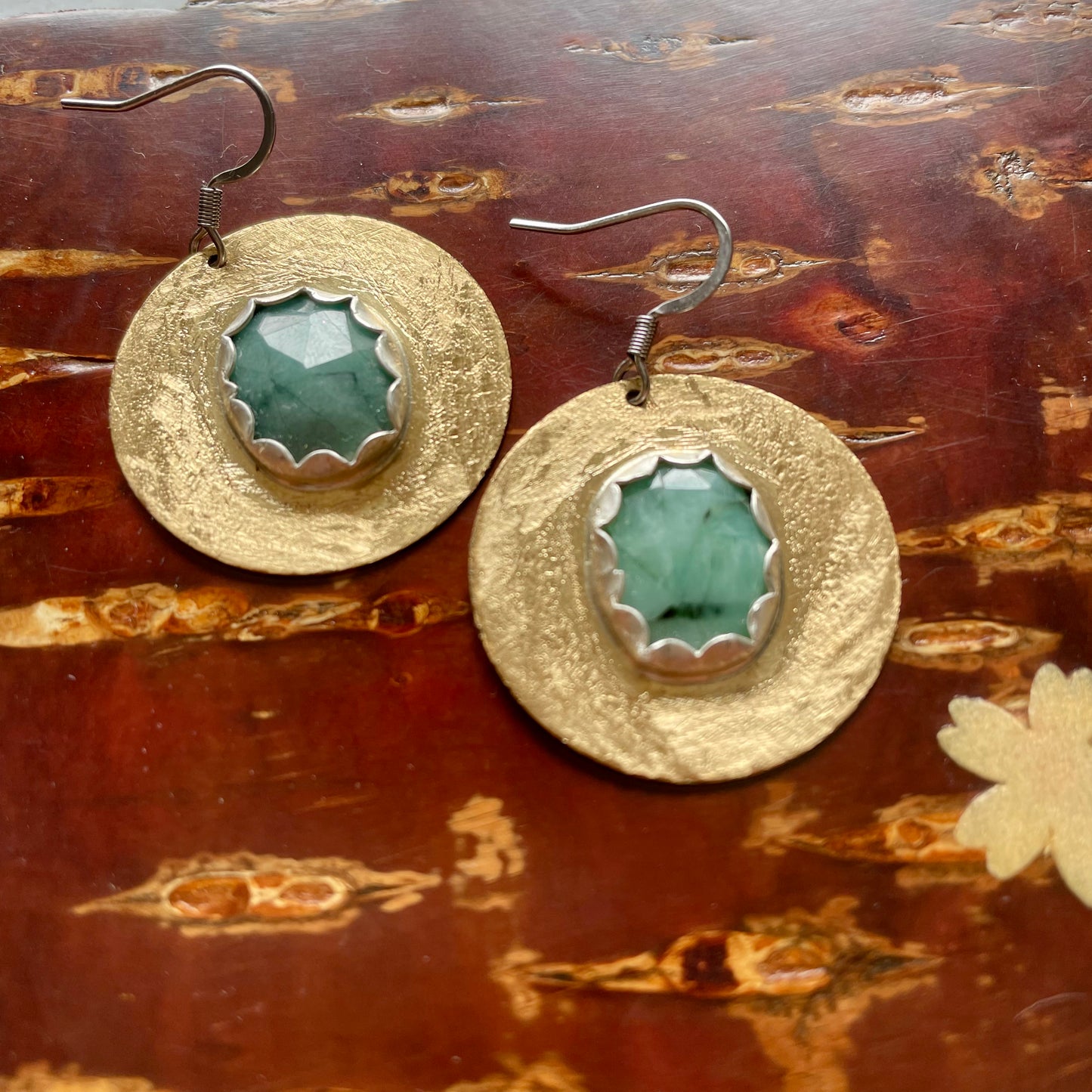 Emerald Brass Disc Earrings