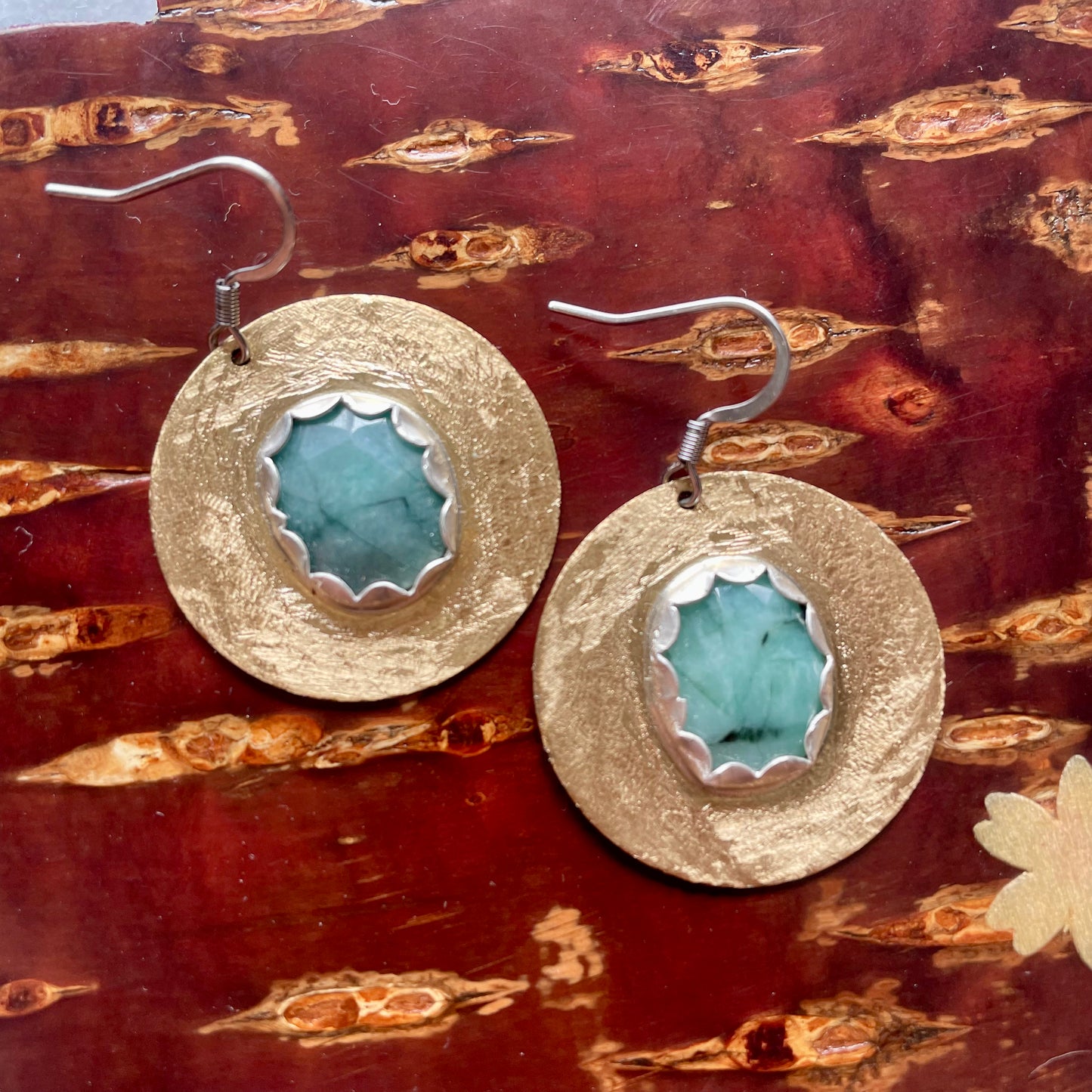 Emerald Brass Disc Earrings