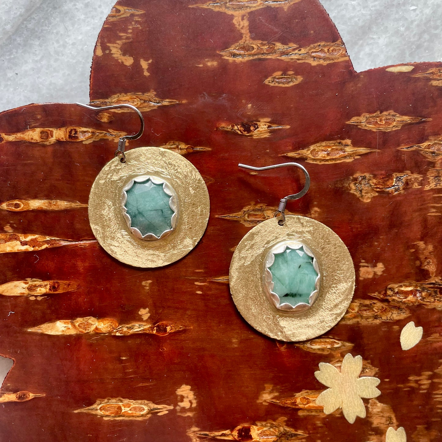 Emerald Brass Disc Earrings