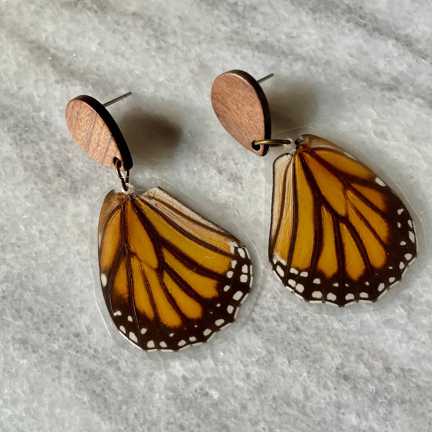 Wood & Real Monarch Butterfly Wing Earrings