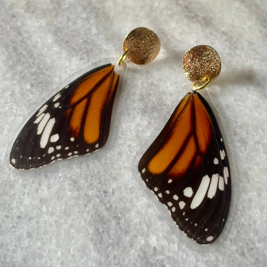 Textured Gold & Real Monarch Butterfly Wing Earrings