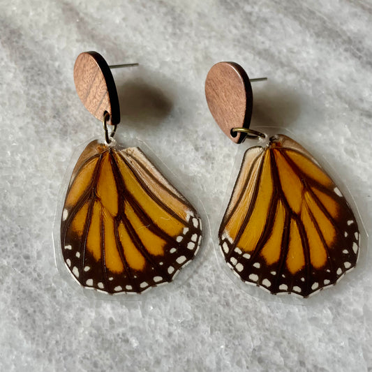 Wood & Real Monarch Butterfly Wing Earrings