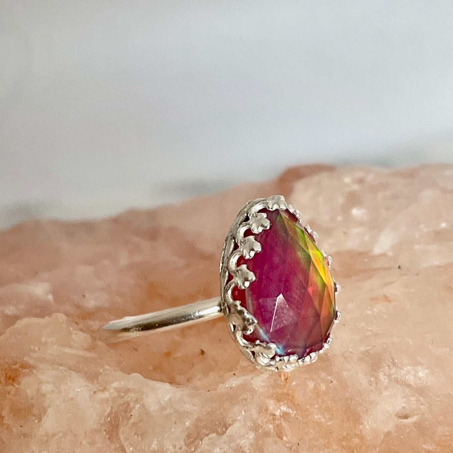 Pink Aurora Opal Sterling Silver Ring