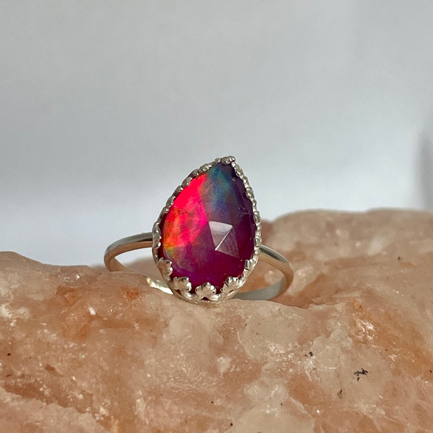 Pink Aurora Opal Sterling Silver Ring